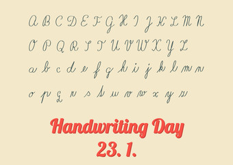 Vintage poster for Handwriting Day, 23 January - celebration is held annualy; with hadnwriting of child like is teaching at school - full font of upper and lower letters