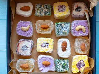 close up lot of vivid turkish delight sugar candy