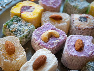 close-up of vivid turkish delight dessert candys