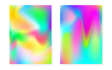 Hologram gradient background set with holographic cover. 90s, 80s retro style. Pearlescent graphic template for brochure, banner, wallpaper, mobile screen. Creative minimal hologram gradient.