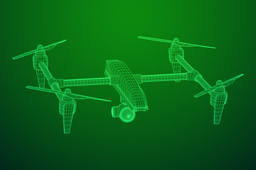Remote control air drone. Dron flying with action video camera. Wireframe low poly mesh vector illustration