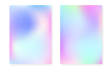 Naklejka premium Hologram gradient background set with holographic cover. 90s, 80s retro style. Iridescent graphic template for book, annual, mobile interface, web app. Rainbow minimal hologram gradient.