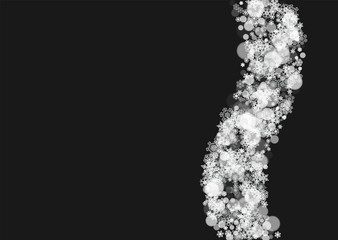 Winter frame with white snowflakes for Christmas and New Year celebration. Horizontal winter frame on black background for banners, gift coupons, vouchers, ads, party events. Falling frosty snow.