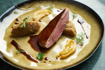 Duck breast, Quinoa and sweet chili sauce with orange fennel