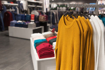 Women's sweaters on hangers in the store