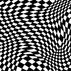 Abstract black and white checkered background. Geometric pattern with visual distortion effect. Optical illusion. Op art.