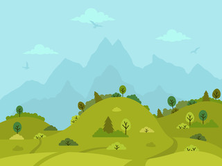 Obraz premium Rural hilly landscape with green hills, trees and mountains. Flat design, vector illustration.