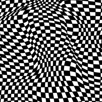 Abstract black and white checkered background. Geometric pattern with visual distortion effect. Optical illusion. Op art.
