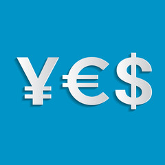 Word YES of currency symbols - yen, euro, dollar. Vector illustration
