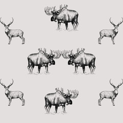 Seamless pattern of hand drawn sketch style moose and deer isolated on white background. Vector illustration.