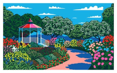 Sunny day in the garden near the pavilion. Handmade drawing vector. Pop art style.