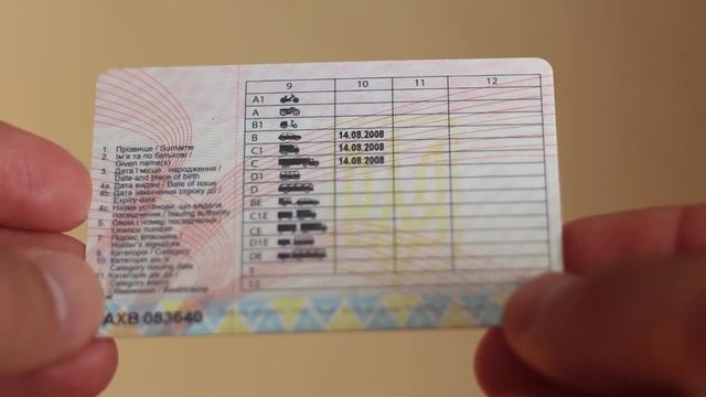 The hand holds the driver's license. Categories of driving licenses.
