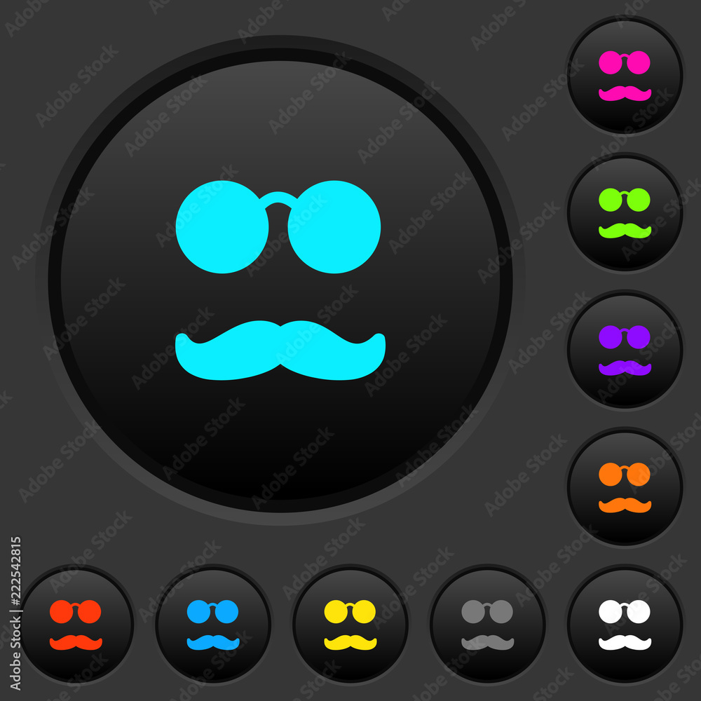 Poster glasses and mustache dark push buttons with color icons