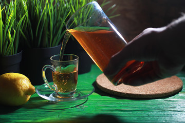 Brewing tea on a wooden table