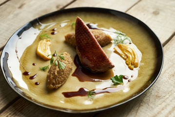 Goose breast, Quinoa and sweet chili sauce with orange fennel