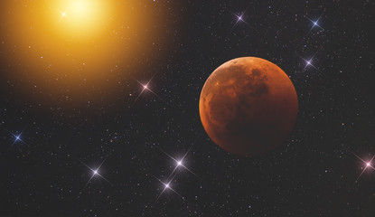 planet in open space against the backdrop of an endless array of stars and galaxies of our universe lighting up the glare of the sun. The Moon in Space