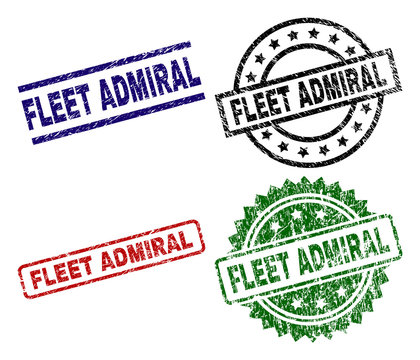 FLEET ADMIRAL seal stamps with corroded surface. Black, green,red,blue vector rubber prints of FLEET ADMIRAL tag with grunge surface. Rubber seals with circle, rectangle, medal shapes.