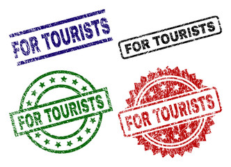 FOR TOURISTS seal prints with corroded style. Black, green,red,blue vector rubber prints of FOR TOURISTS text with retro style. Rubber seals with circle, rectangle, medal shapes.