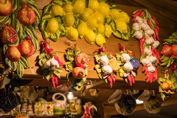 Pottery fruits in Christmas market in Como, Italy