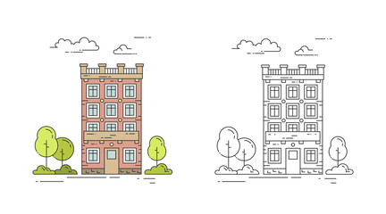 City line vector illustration set with vintage multi storey apartment house with trees and clouds.