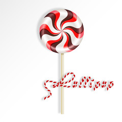 Bright round striped red brown lollipop. Berry and chocolate candy on a stick. Realistic Vector illustration isolated on white background.