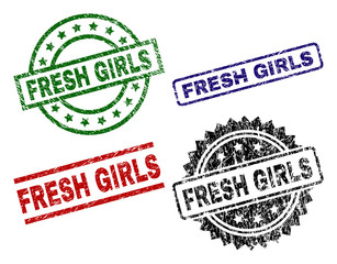 FRESH GIRLS seal prints with corroded style. Black, green,red,blue vector rubber prints of FRESH GIRLS tag with retro style. Rubber seals with round, rectangle, rosette shapes.