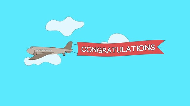 Airplane is passing through the clouds with "Congratulations" banner - Seamless loop
