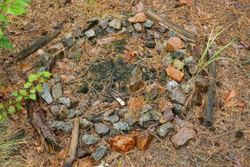 extinct fire with black ash and wet stones in the forest