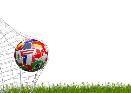 soccer ball with flags of America Canada and Mexico 3d-illustration