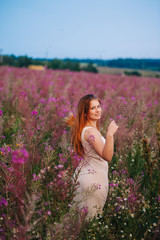 Beautiful red-haired girl in a dress in a flowering field of willow-tea.