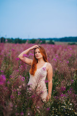 Beautiful red-haired girl in a dress in a flowering field of willow-tea.