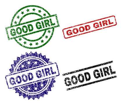 GOOD GIRL seal prints with corroded style. Black, green,red,blue vector rubber prints of GOOD GIRL caption with dust style. Rubber seals with round, rectangle, medal shapes.