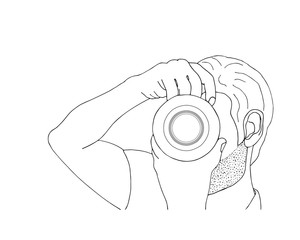A man with a beard photographs. Hand-drawn photographer with a camera on a white background. Vector illustration.