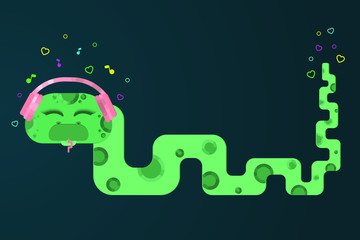 Music lover. Green, spotty snake in headphones. Flat vector illustration.