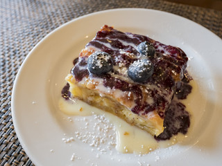 Close up shot of blueberry bread pudding