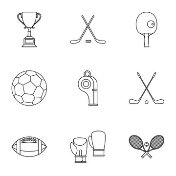 Sports accessories icons set. Outline illustration of 9 sports accessories vector icons for web