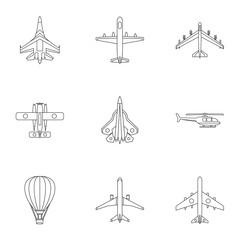 Military aircraft icons set. Outline illustration of 9 military aircraft vector icons for web