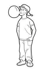 Boy blowing the chewing gum as a ball. Black vector illustration isolated on white background