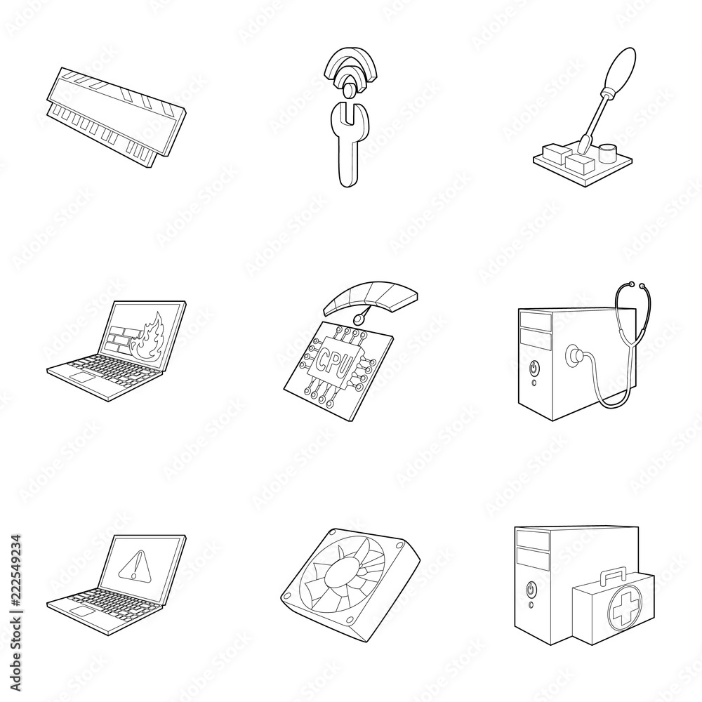 Poster computer maintenance icons set. outline illustration of 9 computer maintenance vector icons for web