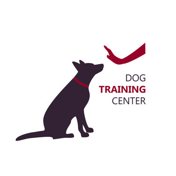 Dog training center logo template with sitting dog silhouette. Vector Illustration.