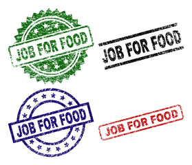 JOB FOR FOOD seal stamps with corroded surface. Black, green,red,blue vector rubber prints of JOB FOR FOOD tag with dirty surface. Rubber seals with circle, rectangle, medallion shapes.