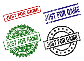 JUST FOR GAME seal prints with damaged style. Black, green,red,blue vector rubber prints of JUST FOR GAME tag with grunge texture. Rubber seals with round, rectangle, rosette shapes.