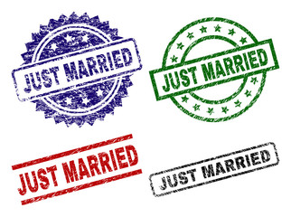 JUST MARRIED seal prints with distress style. Black, green,red,blue vector rubber prints of JUST MARRIED label with retro style. Rubber seals with circle, rectangle, medal shapes.