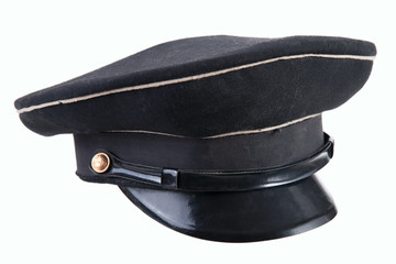 headpiece for office workers and military, old black military cap cap half turn isolated on white...