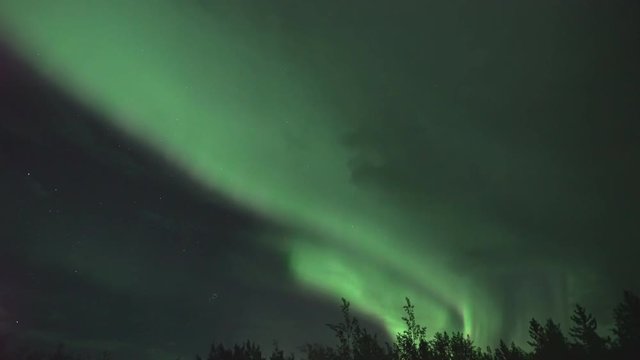 Realistic real time (not timelapse) aurora borealis (northern lights) in Whitehorse, Canada, at 23:49 on September 9, 2018 with 20mm wide-angle lenz
