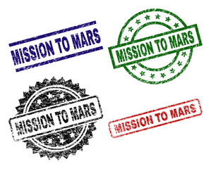 MISSION TO MARS seal prints with distress texture. Black, green,red,blue vector rubber prints of MISSION TO MARS caption with dust texture. Rubber seals with circle, rectangle, medal shapes.