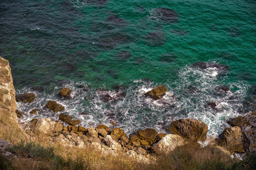 View over waves hitting the rocks on Black Sea coast, Cape Kaliakra, northern Bulgaria