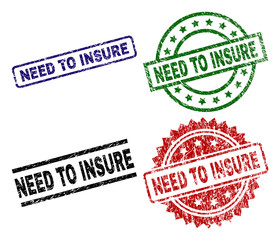 NEED TO INSURE seal prints with distress surface. Black, green,red,blue vector rubber prints of NEED TO INSURE title with dust surface. Rubber seals with round, rectangle, medallion shapes.