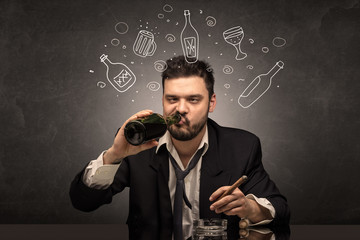 Drunk down and out man with doodle alcohol bottles concept
