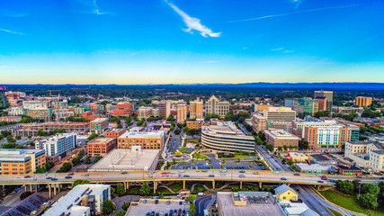 Drone Aerial of Downtown Greenville SC South Carolina Skyline